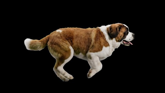 A large Saint Bernard dog running and trotting forward in profile, isolated against a solid black background. Great for cinematic animal scenes, rescue dog promotional videos, high-contrast video edit