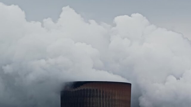 Close view of cooling tower releasing dense billowing steam against gray overcast sky at RWE Neurath power plant