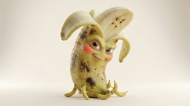 Funny banana fruit character with brown spots and tiny baby fruit entities posing for conceptual food photography and marketing.