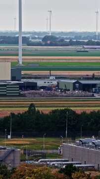 Aerial Panning View Google Data Center Agriport A7 Middenmeer Netherlands Wind Turbines Background Vertical