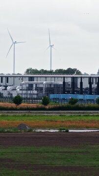Aerial View Google Middenmeer Data Center Agriport A7 Wind Turbines Background Vertical