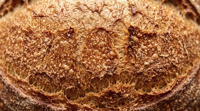Close up macro shot of a rustic sourdough bread crust texture.