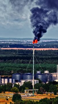 Industrial flare stack burning off gas with thick black smoke at refinery edge of forest