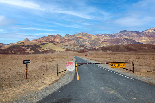 closed small road in the desert of death valley
