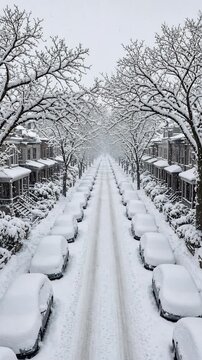 Snowy Street Scene with Covered Cars and Snow-Capped Trees in a Winter Wonderland