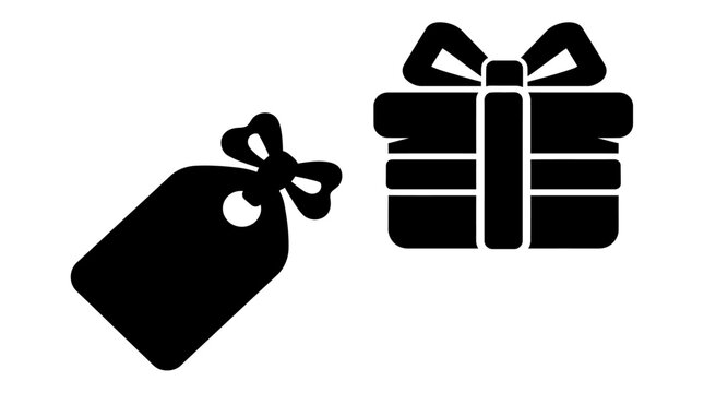 Black gift tag and wrapped box with ribbon icon set