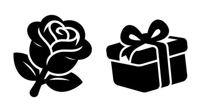 Black and white gift box with bow and rose icon set