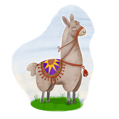Hand-drawn watercolor illustration of a sweet beige llama with closed eyes, wearing a traditional colorful saddle blanket and red bridle with a bell. Full body animal clipart   © Svitlana