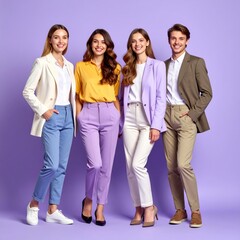 Fototapeta premium Group of smiling young professionals standing together against a purple background