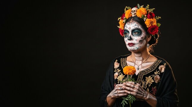 Woman in Catrina makeup holding marigold flower for Day of the Dead celebration