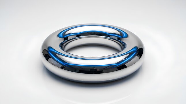 Polished chrome torus with blue neon glow resting on white studio background, sleek metallic donut shape with sharp reflections, futuristic 3D render