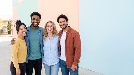 Obraz premium Diverse group of happy young friends standing together against a colorful pastel wall
