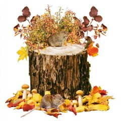 Naklejka premium Autumn woodland scene with mice on tree stump and fall leaves