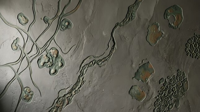 Abstract Aerial View of Dried River Channels and Crater Formations on a Dusty Grey Planetary Surface
