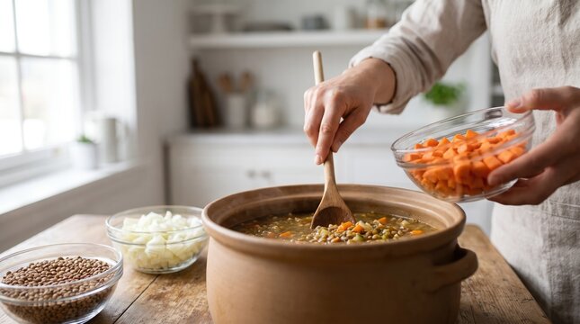 Close-up of person preparing lentil stew with carrots