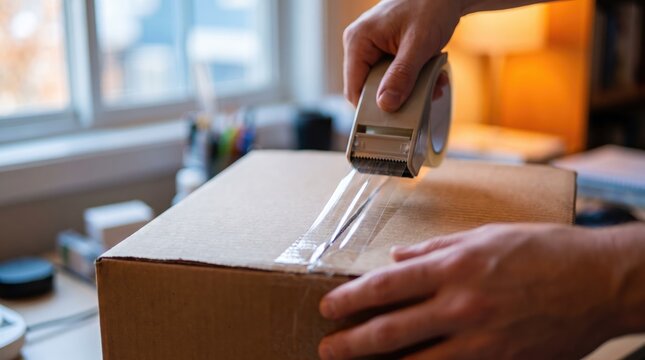 Person tapes up a cardboard shipping box near a bright window