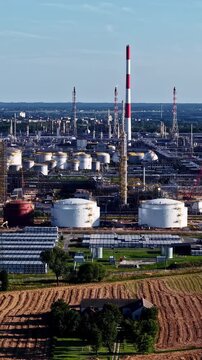 ORLEN Płock refinery with storage tanks and smokestacks beside farmland in Poland