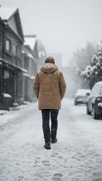 Solitary Figure Walking Through Snow Covered Street in Quiet Neighborhood During Snowfall