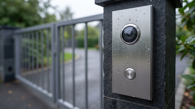 Sleek metallic doorbell with water droplets, set against blurred metal fence