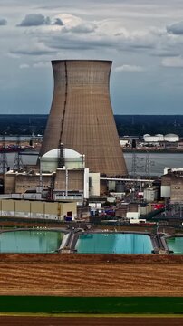 Nuclear power plant cooling towers and industrial buildings at Doel near Antwerp, Belgium