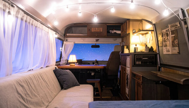 Cozy camper interior with sofa, kitchenette, workspace, warm lighting, and starry night window creating comfortable travel atmosphere