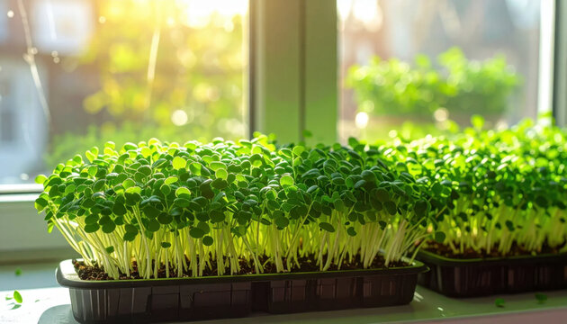 Green microgreen seedlings growing in tray beside sunlit window, showing fresh leaves, slender stems, indoor gardening, and healthy spring growth