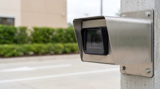 Security camera mounted on metal pole with blurred background parking lot