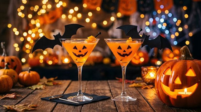 A spooky halloween celebration with festive drinks pumpkins and enchanting glowing lights