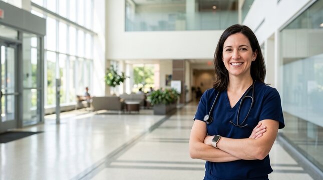 Smiling female medical professional in navy scrubs with stethoscope in modern hospital lobby
