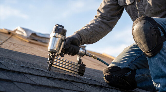 Professional roofer using a pneumatic nail gun to install asphalt shingles on a residential roof during a sunny day