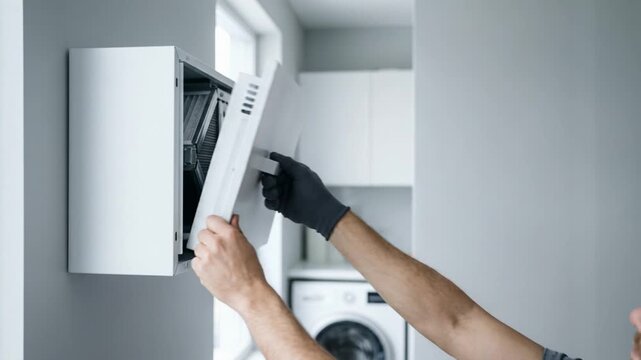 Technician mounts ventilation system in modern kitchen