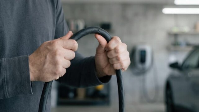 Close-up of hands holding EV charging cable