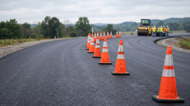 Road construction site with orange traffic cones lining a freshly paved asphalt road and workers with a steamroller in the distance