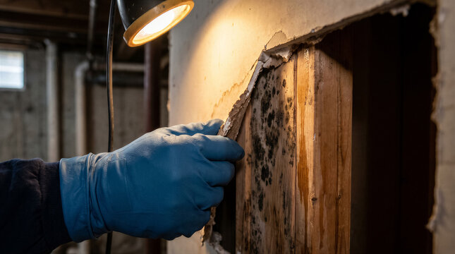 A person wearing blue gloves inspects black mold growth on a wooden wall stud behind damaged drywall in a basement