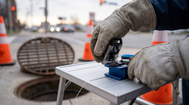 Technician using a fiber optic cleaver to prepare a glass fiber cable for splicing near an open manhole on a city street