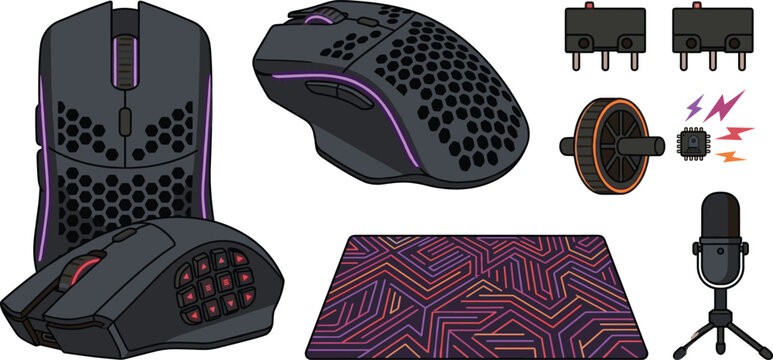 Gaming Mouse and Hardware Vector Set with Honeycomb Shell MMO Buttons Mousepad Microphone and Switch Components for Streamer Tech Graphic Designs