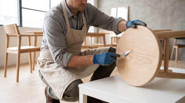 Professional carpenter in an apron using a palette knife to apply wood filler to a wooden stool in a workshop