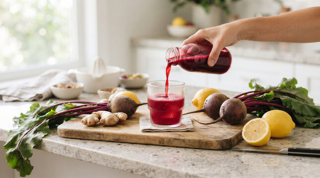 Fresh beet juice being poured into a glass on a kitchen counter with fresh beets, ginger, and lemons