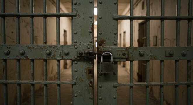 Prison gate locked old rusty metal jail door security restriction concept