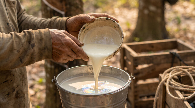 A rubber tapper pours fresh white latex from a small collection cup into a metal bucket in a rubber plantation