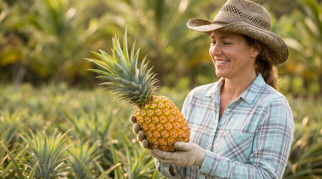Smiling female farmer wearing a straw hat and gloves holding a fresh ripe pineapple in a sunny pineapple field plantation