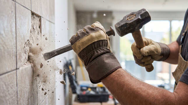 Closeup of a worker using a hammer and chisel to remove tiles from a wall during home renovation