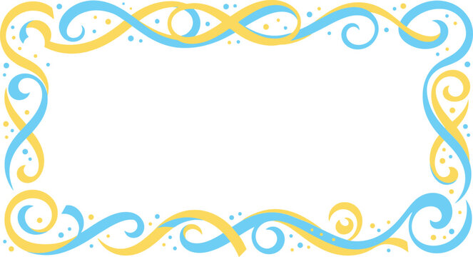 Decorative swirl border vector, elegant blue and yellow curly frame, whimsical scroll ornament for invitations and certificates