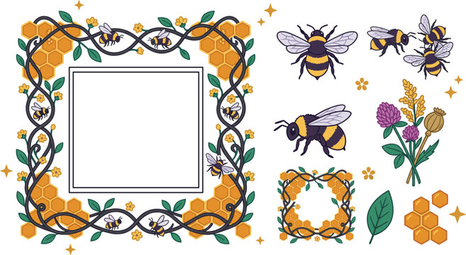 Honey Bee Graphic Element Set with Honeycomb Decorative Borders Wildflowers and Bumblebee Illustrations for Nature Theme Designs Invitations and Cards