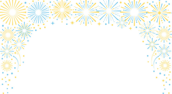 Festive fireworks border with pastel blue and yellow starbursts. Celebration background frame for holiday invitations. Decorative firework vector.