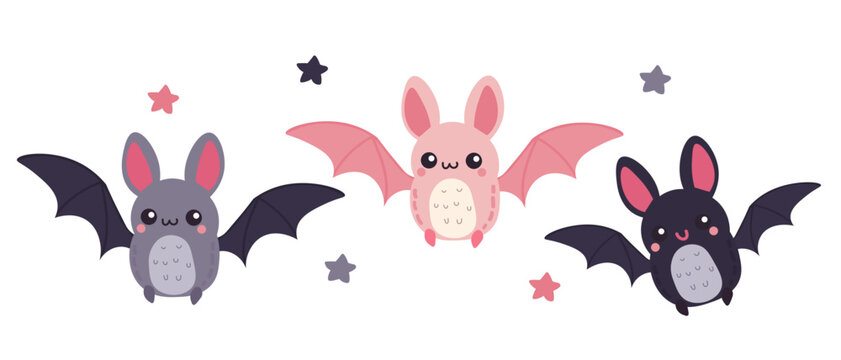 Сute cartoon flying bats. Gray, pink and black bats. Adorable Halloween vector illustration perfect for kids designs, stickers, and festive decor.