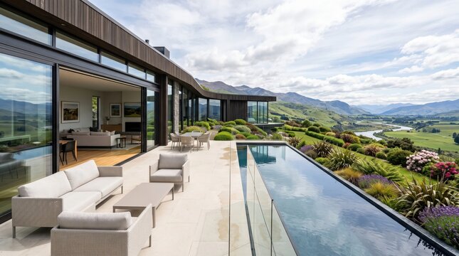 Modern mountain house terrace with infinity pool and valley view