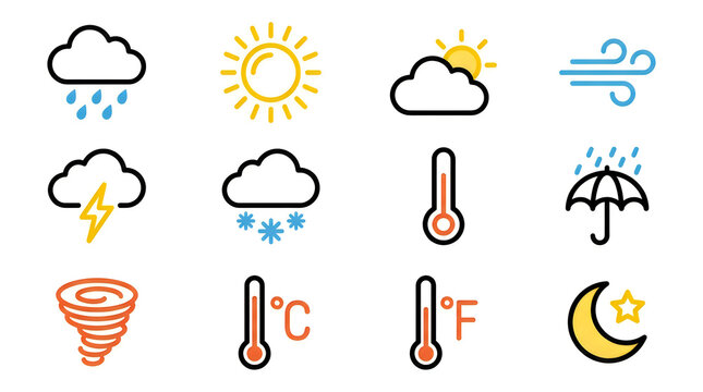 Set of colorful weather icons including sun, clouds, rain, snow, wind, thermometer, and moon symbols for meteorological forecasting and digital applications