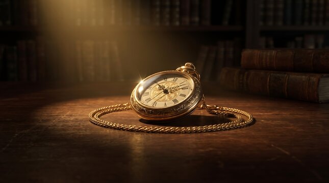 Vintage gold pocket watch on wooden desk with old books, antique timepiece on table, nostalgia and history concept with warm light and shadows