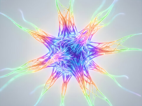 Abstract 3d rendering of a complex neural network cell structure with vibrant iridescent colors and glowing filaments radiating from a central core